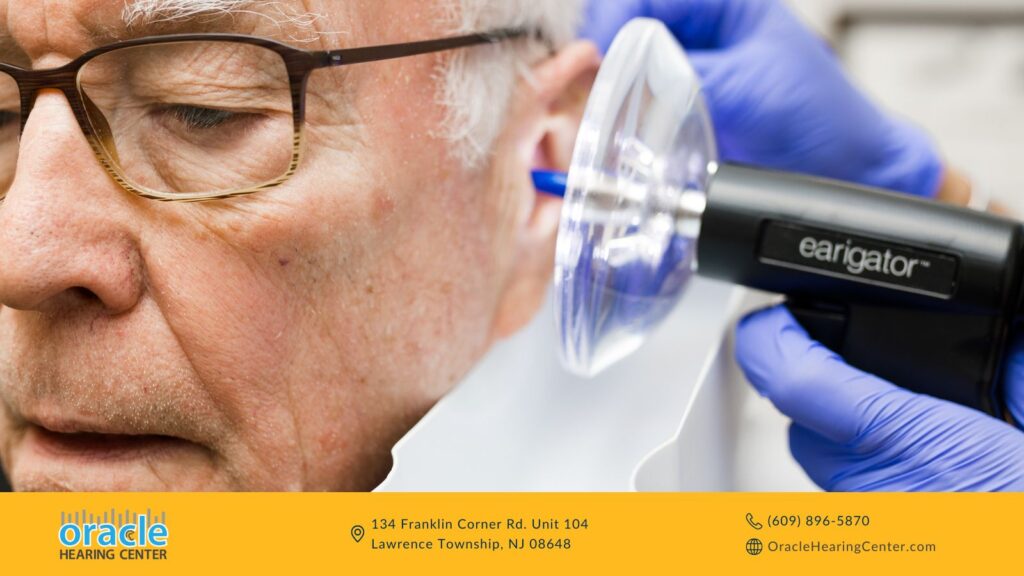 Elderly man receiving professional ear cleaning with a specialized device by a gloved healthcare provider.